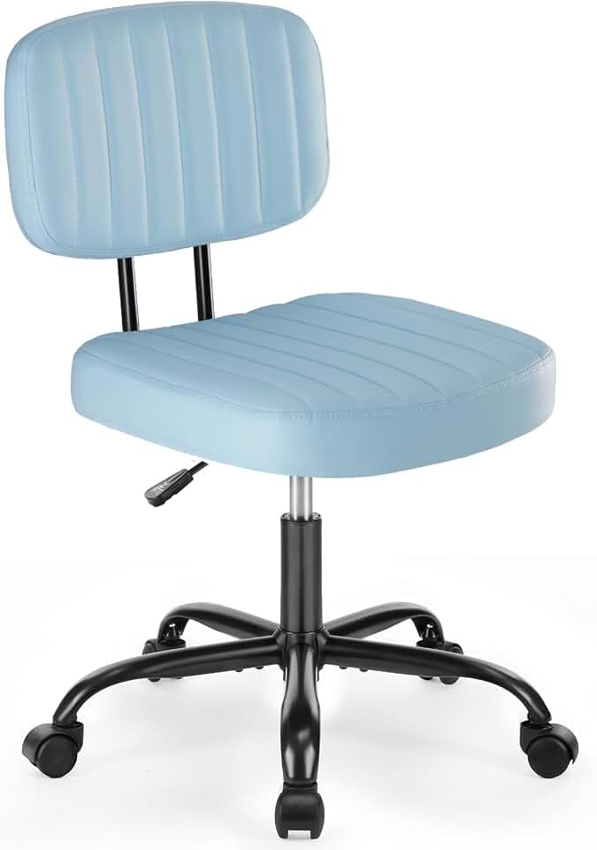 Armless Office Desk Chair - Low Back Lumbar Support, Small Ergonomic, 360° Swivel Rolling PU Leather Compute Chair with Adjustable Seat Height for Home, Vanity, Office, Blue