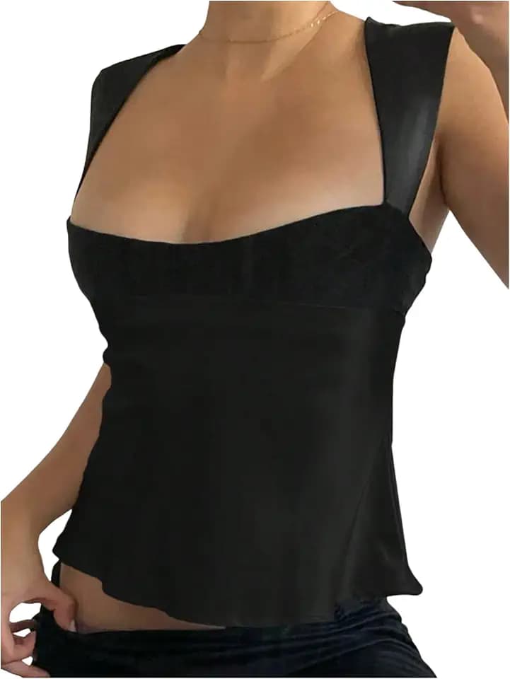 SOLY HUX Women's Satin Color Block Scoop Neck Sleeveless Tie Back Tank Top