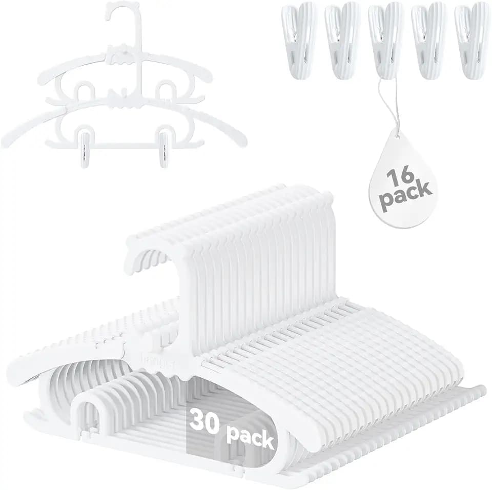 30 Pack Baby Hangers,with 16 Detachable Clips Adjustable 11.14"-15.55", Stackable Kids Closet Hangers, Two Bottom Grooves for Secure Clip Placement.Fits Newborns,Toddlers, Children & Teens(White)