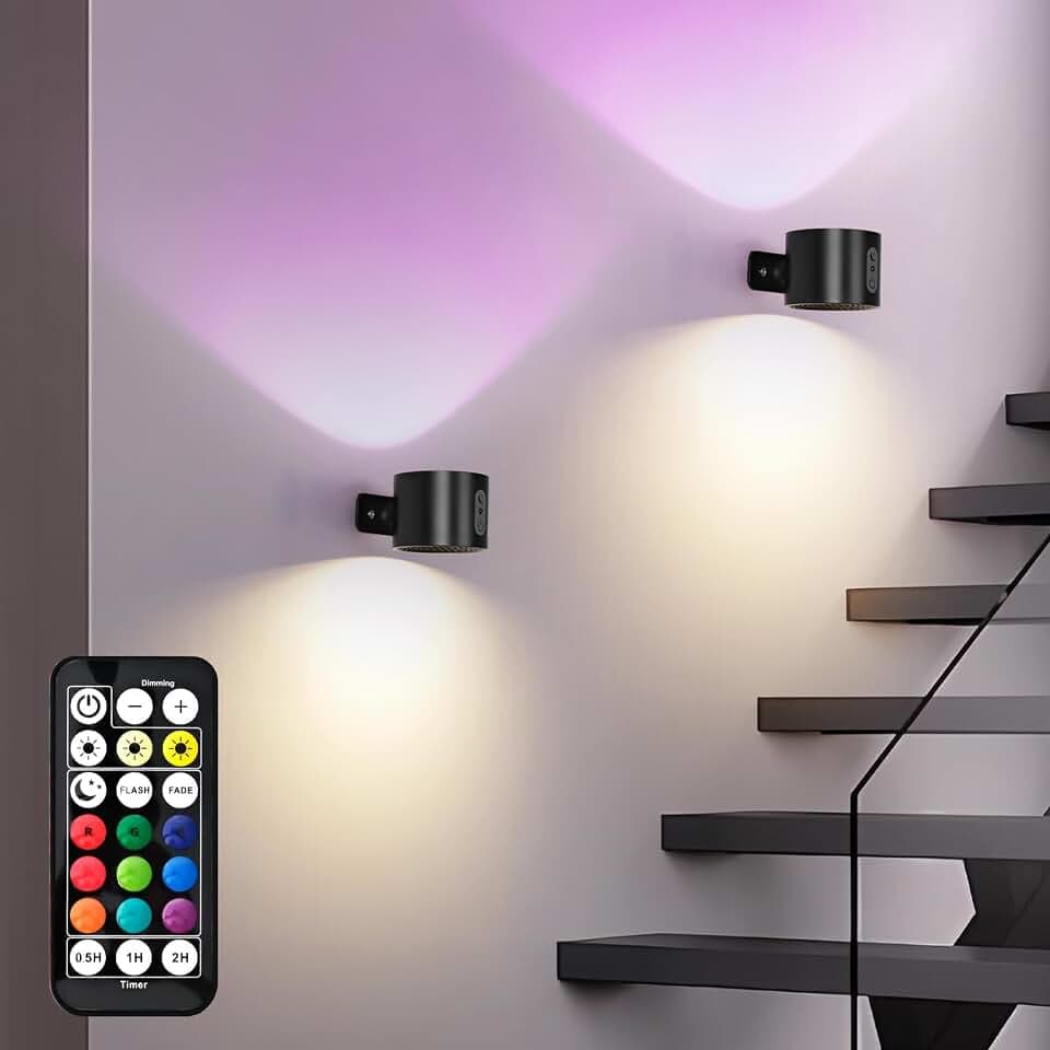 2er LED Wandleuchte Innen Akku – Kabellose Magnetische Wandlampe RGB Schwarz – Touch Dimmbar mit Fernbedienung – USB-C aufladbar Wandspot, Zum Kleben, Ohne Bohren AURI WL01