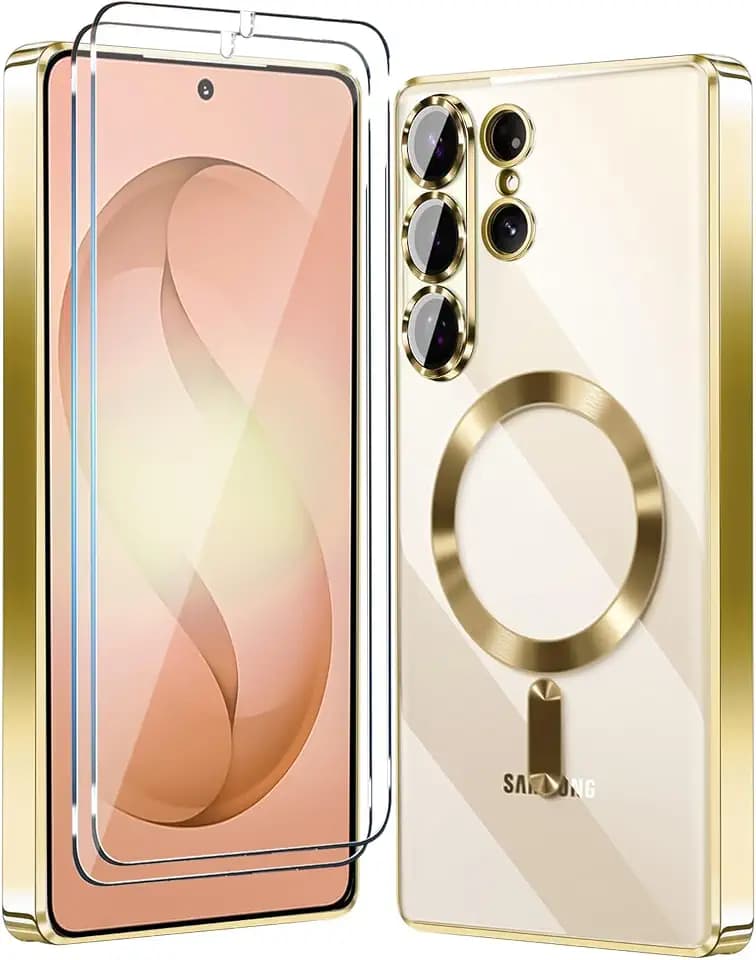 Magnetic Glossy Case for Samsung Galaxy S26 Ultra, S26 Ultra Phone Case Clear Luxury with Screen Protector X2 & Camera Protector [Compatible with MagSafe],Shockproof Cover for Samsung S 26 Ultra-Gold