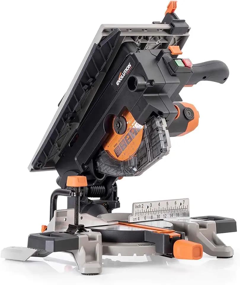 Evolution Power Tools R210MTS-G2 Vielseitige Kapp- und Tischsäge, kompakt, multifunktional, schneidet verschiedene Materialien, TCT-Sägeblatt für Holz, Kunststoff und Metall, 210mm