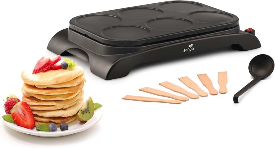 SENYA Crêpes-Pfanne, elektrisch, 1000 W, Antihaftbeschichtung, Ø 11,5 cm, schnelles Kochen, Pfannkuchen, 6 Pfannkuchenspatel + Schöpfkelle, Mini-Crêpe-Party, leicht zu reinigen