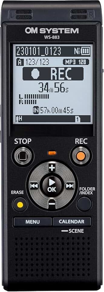 OM SYSTEM WS-883 hochwertiger digitaler Voice Rekorder mit integrierten Stereomikrofonen, Direkt-USB, Rauschunterdrückung, 8 GB interner Speicher, VCVA, schwarz