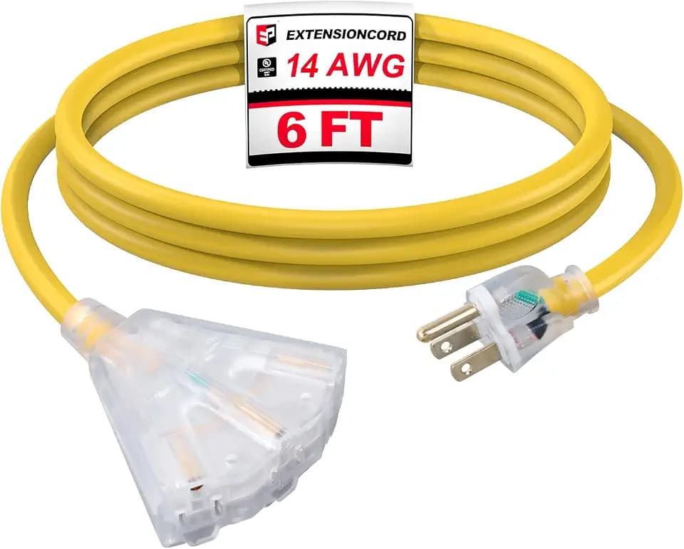 EP 6 Ft Outdoor Extension Cord 14/3 SJTW 3 Electrical Power Outlets, Yellow