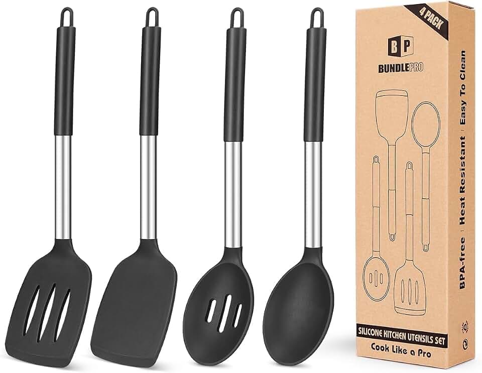 4 Stück Silikon-Kochutensilien-Set, antihaftbeschichtet, groß, solide Spatel, hitzebeständig, schwarze Schlitzlöffel, ideal BPA-freie Küchenwender zum Braten, Mischen, Servieren, Abtropfen