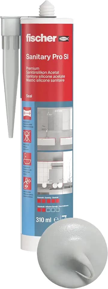 fischer Premium-Sanitärsilikon, Silikon zum Abdichten & Verfugen im Sanitär- und Küchenbereich, Kartusche für zahlreiche Anwendungen und Baustoffe, Langzeitschutz vor Schimmel, 310 ml, fugengrau