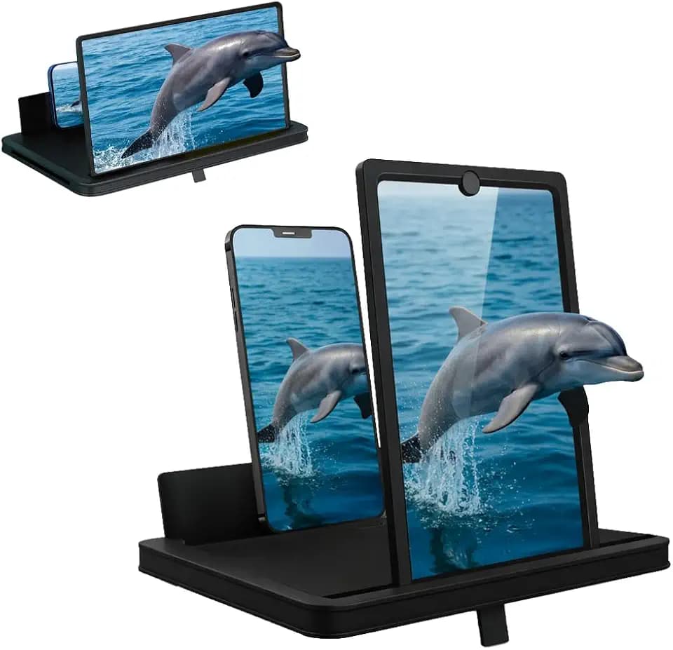 Screen Magnifier for Cell Phone with Adjustable Stand, Foldable Phone Screen Magnifier for Movies & Videos, Hands-Free Viewing, Compatible with All Smartphones (Black, 12'')