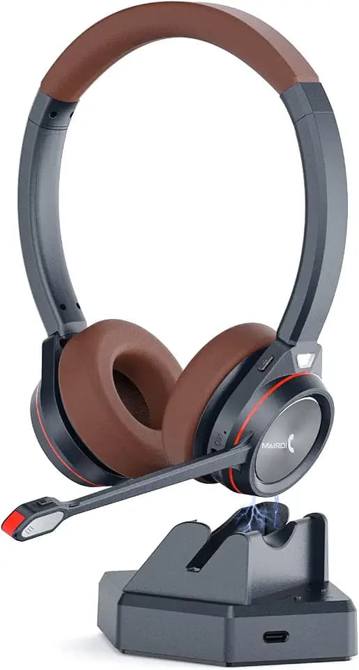 Mairdi Wireless Headset mit Mikrofon Noise Canceling, 5.2 Kabelloser Bluetooth Headset, Ladestation integriert mit Bluetooth Empfänger für PC Laptop Handy Call-Center Büro Zoom Microsoft Teams Skype