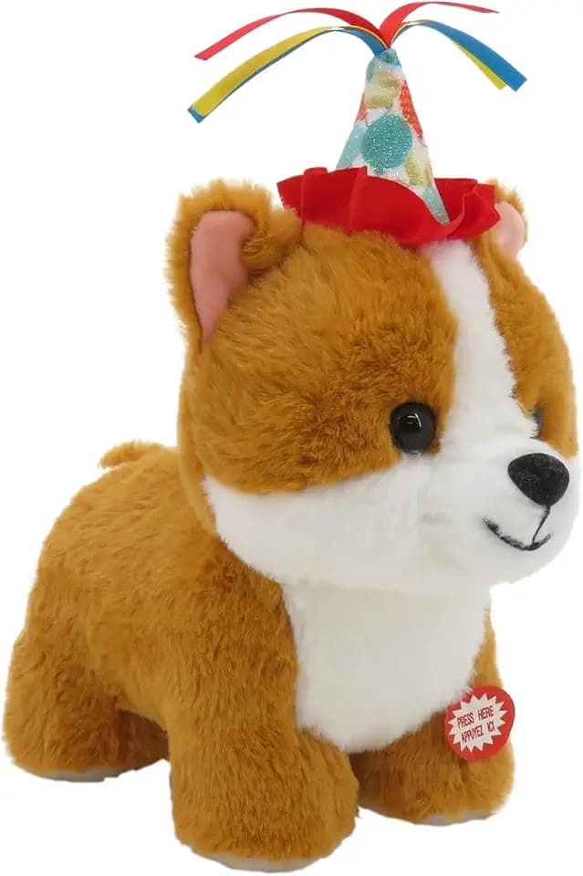 Linzy 8.5” Light Up Gorgi Dog Stuffed Animal with Party Hat, Soft Musical Plush Toy with Magic LED Night Lights, Glowing Cute Puppy Plushie, Birthday Christmas for Toddlers Kids & Adults