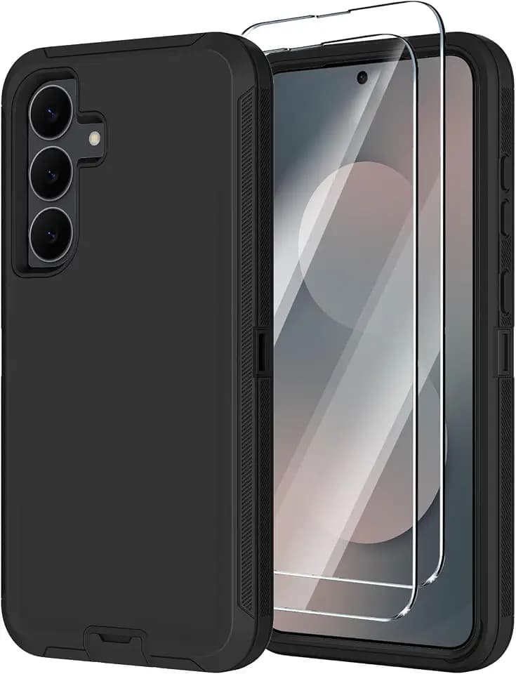 for Samsung Galaxy S25 FE Case with 2X Screen Protector, Heavy Duty Shockproof Drop Protection 3-Layer Cell Phone Cases, Military Grade Full Body Rugged Bumper Protective Cover (Black)