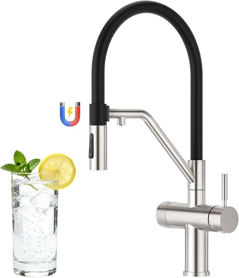 Faustina 4 Wege Küchenarmatur abnehmbar, Doppelhebel Armatur Wasserhahn Küche mit Trinkwasser und Sodawasser Spültischarmatur mit Schwarzer flexibler Silikon Weichschlauch