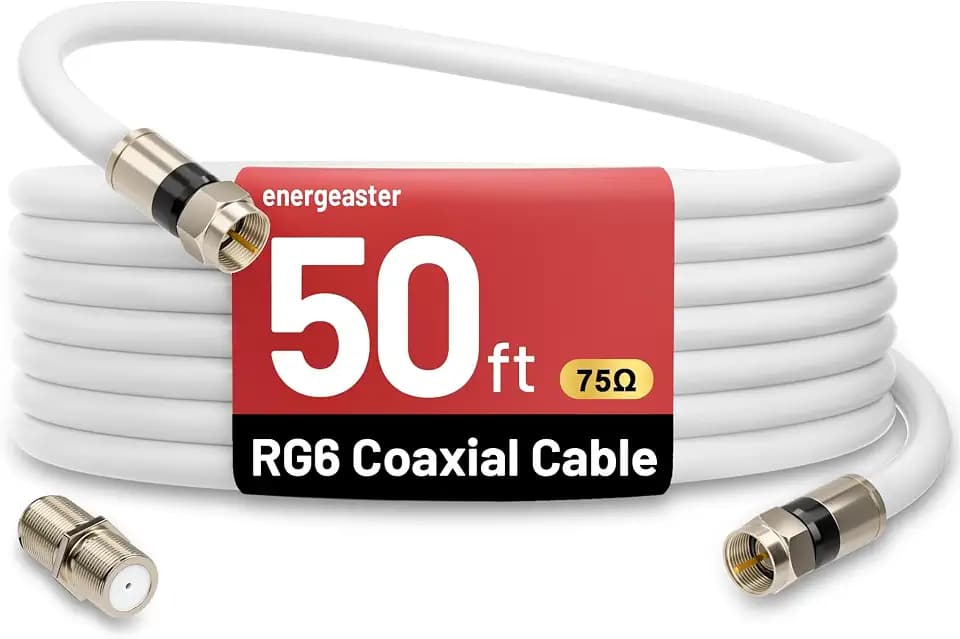 energeaster 50FT RG6 Coaxial Cable with F-Type Connector, White Coax Cable