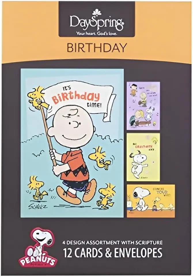 DaySpring Birthday Peanuts – 4 Design-Sortiment mit Schrift – 12 Geburtstagskarten und Umschläge