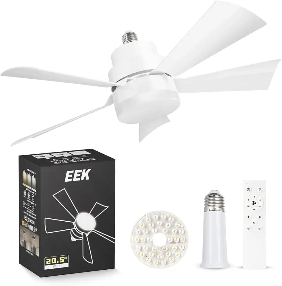 EEK Socket Fan Light with Ultra Quiet Design, 20.5″ Ceiling Fans with LED Lights and Remote,Screw in Fan Light for E26/E27,3Speeds 3Colors 3000-6500K,1200 (White)