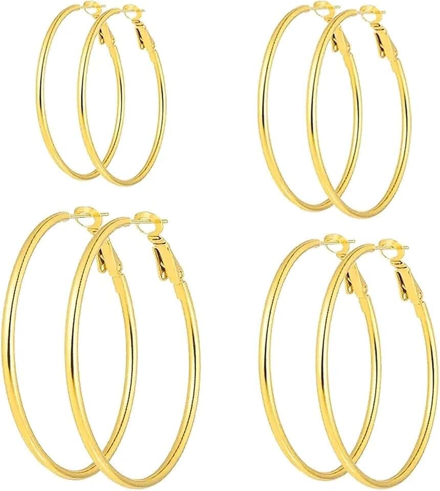 4 Pairs Gold Silver Plated Hoop Earrings Set for Women (30-60mm)