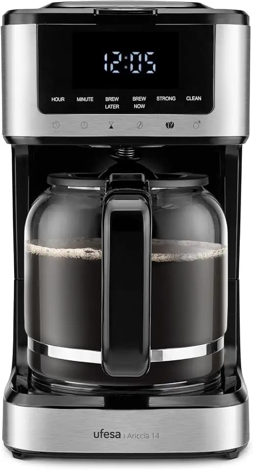 Ufesa Filterkaffeemaschine Ariccia Programmierbar 900W, 14 Tassen, 1,8L, Touchscreen, Edelstahl, Herausnehmbarer Nylonstrumpf-Filter, Hitzebeständiges Glasgefäß, Spülmaschinenfest, Tropf-Stopp