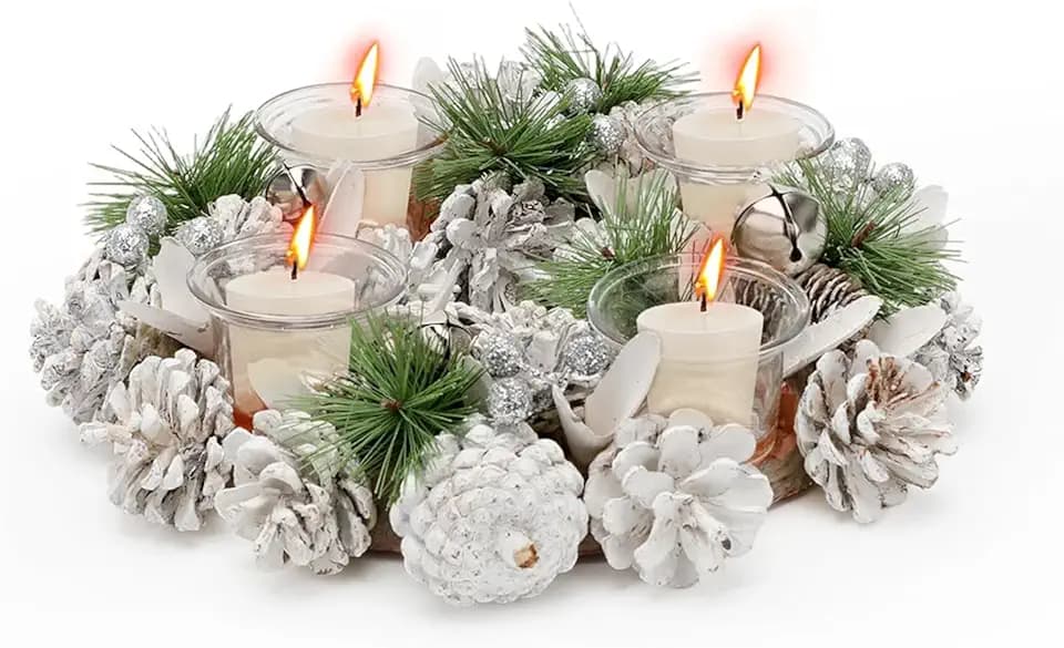 Gohytal Tischkranz für Weihnachten - weißer Adventskranz mit Glitzer - Dekokranz mit 4 Teelichthaltern - Weihnachtskranz mit Kerzenhalter