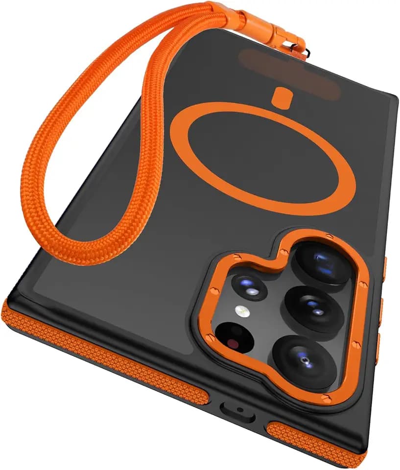 Magnetic for Samsung Galaxy S23 Ultra Case + Adjustable Phone Lanyard Wrist Strap, [Compatible with Magsafe][Military Grade Shockproof][Translucent Matte] Protective Phone Case (Orange)