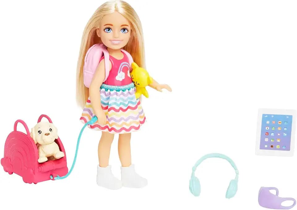 Barbie Chelsea Puppe mit Reisezubehör | Kleine Puppe, 1 Haustier, 6 Reise-Accessoires, ab 3 Jahren, HJY17