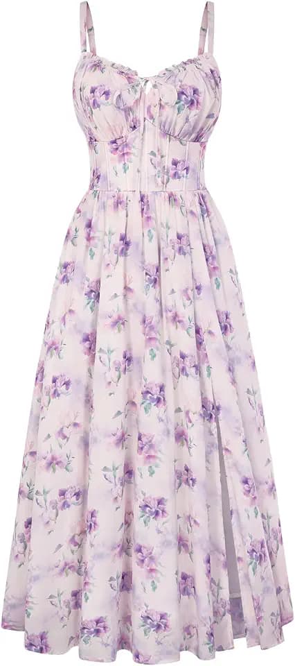 SCARLET DARKNESS Damen Sommerkleid Lang Ärmellos Blumendruck Corsagenkleid Spaghettiträger Strandkleid mit Taschen