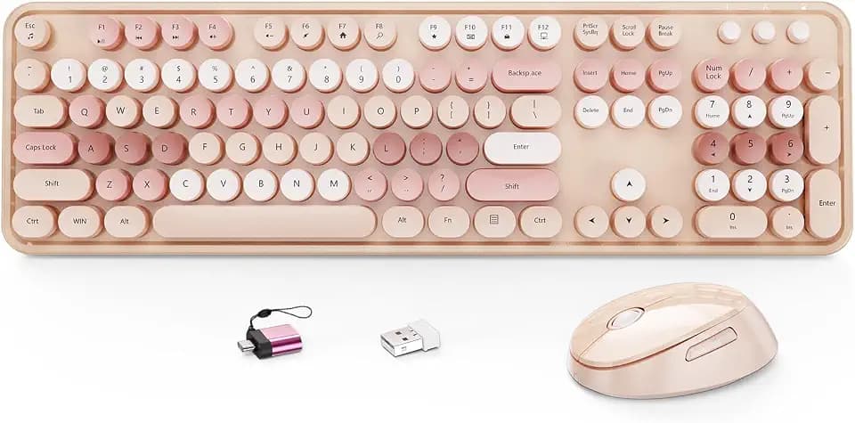 HotFox Wireless Keyboard and Mouse Combo, Full-Size Retro Typewriter Keyboard with Round Keycaps, Ergonomic Design for Windows PC, Home and Office Use -Brown