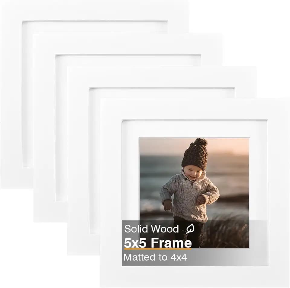 KINLINK 5x5 Picture Frames 4 Pack White Solid Wood Square Frames