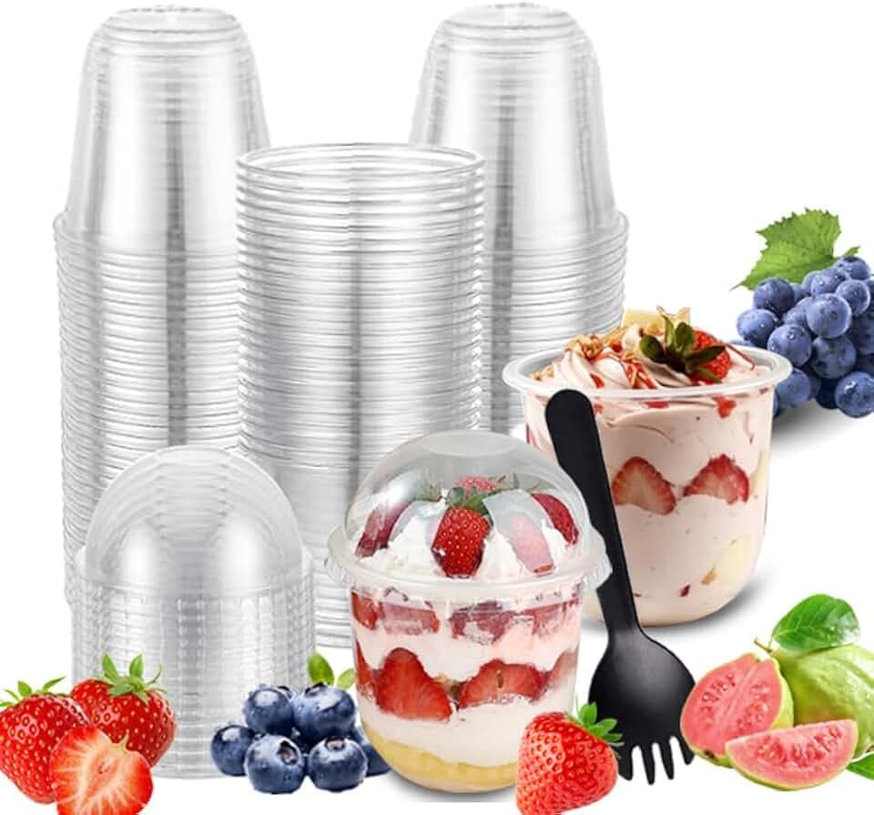 ZoneYan 50 Stück Rund Dessertbecher Plastik, 250ml, Wiederverwendbar Desserttassen, Dessertgläser Plastik mit Deckel, Kunststoff Dessertschalen, Vorspeisenbecher mit Löffel, Kunststoff Dessertbecher