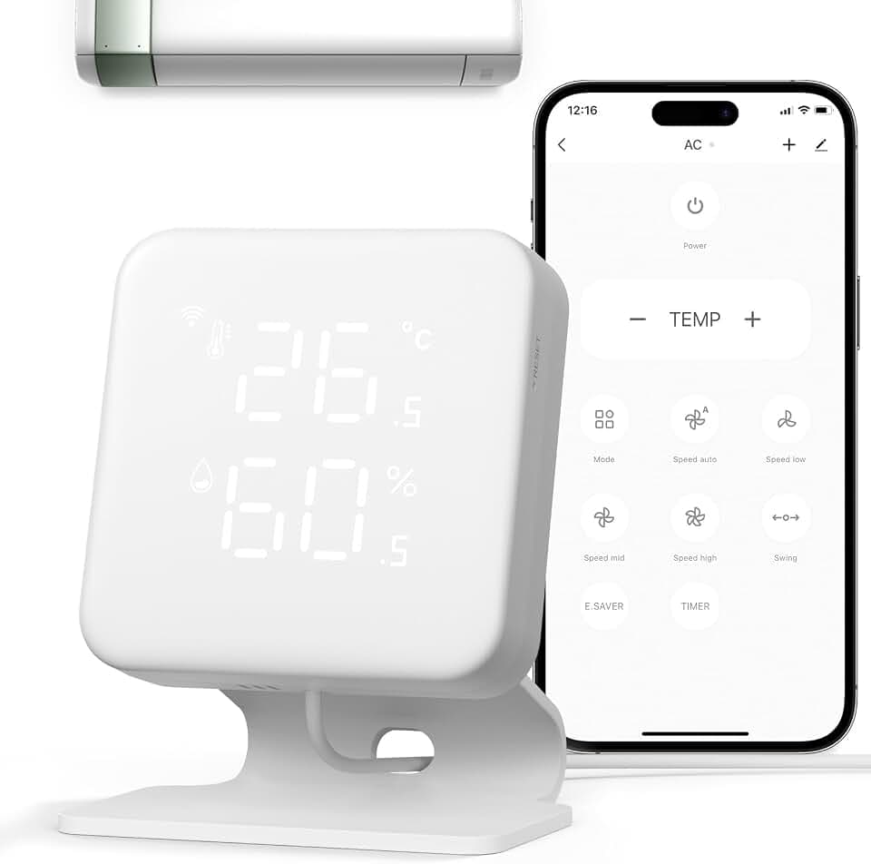 Smart Klimaanlagensteuerung für Split-, Fenster- & Mobile ACS, mit WLAN Thermometer Hygrometer, automatischem Komfort & Energieersparnis, 60-Sekunden-Installation, kompatibel mit Google & Alexa