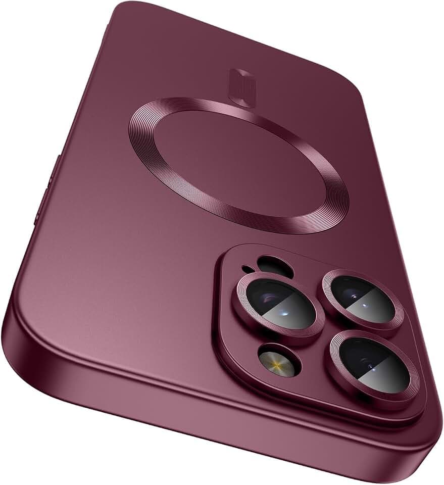 LEKEVO Magnetische Schutzhülle für iPhone 16 Pro Max, kompatibel mit MagSafe, integrierter Kameralinsenschutz, schlank, weiches Silikon, stoßfest, metallisch, glänzend, Burgunderrot