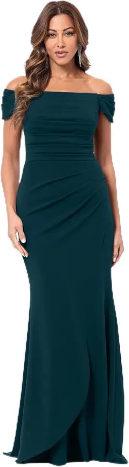 Xscape Women's Xscape Women's Off-The-Shoulder Gown with Pleated Bodice, Draped Detail, and Fitted Silhouette.