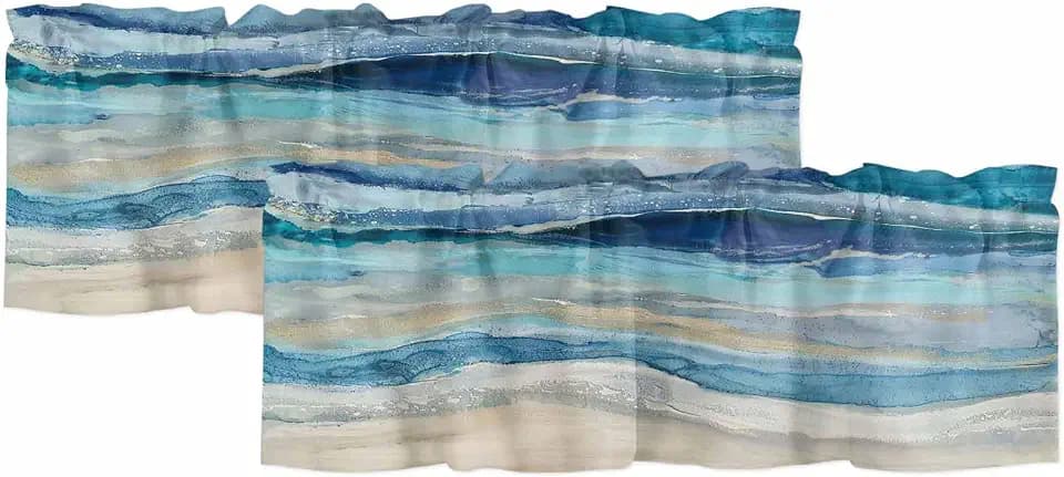 2 Pack Coastal Nautical Kitchen Valances for Windows, Ombre Navy Blue Short Valance Curtains Rod Pocket Window Treatments Modern Abstract Beach Wave Valances for Living Room 42x12 Inch, 2 Panels