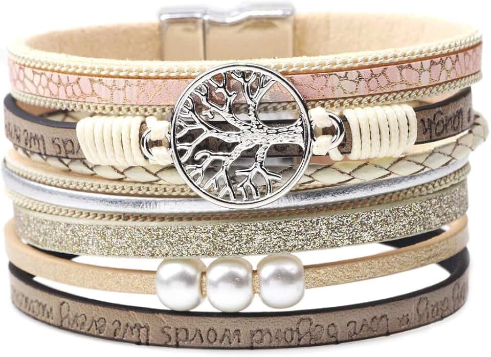 Lederarmband Damen Herren Leder Wickelarmbänder Baum des Lebens Armband mit Magnetverschluss aus Edelstah Bracelet für Frauen & Mädchen