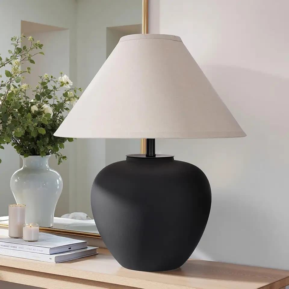 YEPDIN Ceramic Pot Table Lamp 18.5 inch Circular Frosted Nightstand Lamp, Tapered Fabric Shade Bedside, Ceramic Decorative for Living Room Bedroom House Office Entryway, TL1-1