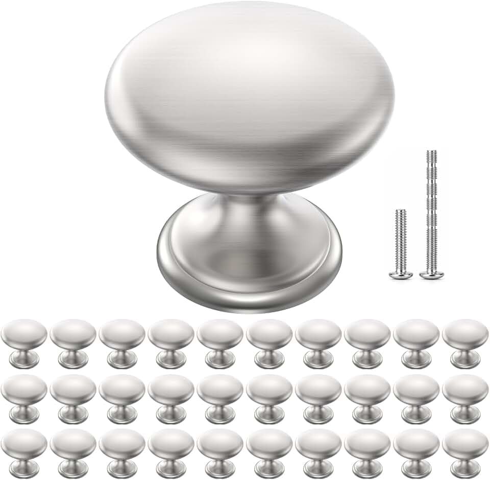 Cabinet Knobs Brushed Nickel 30 Pack, 1-1/6 Inch Round Solid Drawer Knobs