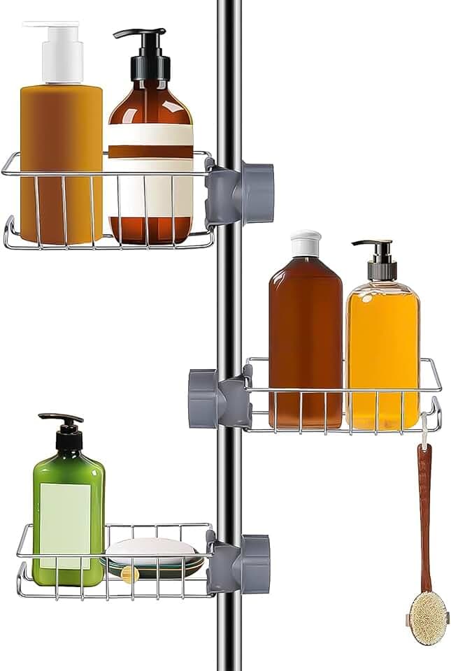 3Stück Duschablage für Duschstange, Rostfrei Duschablage Ohne Bohren,Dusche Ablage ohne Bohren, Edelstahl Duschablages, Seifenhalter, Shampoo Halterung, Duschgelhalter für 18-27mm