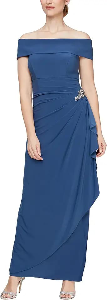 Alex Evenings Womens Long Foldover Off the Shoulder Gown, Formal Event, Mother of the Bride Dress