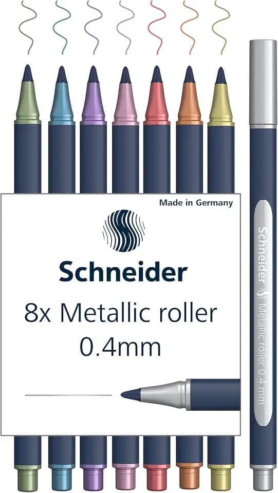 Schneider Paint-It Metallic Rollerball 050 (Strichstärke 0,4 mm, hochmetallische Tinte, schnelltrocknend, Gehäuse aus 88% biobasiertem Kunststoff) 8 Stück sortiert