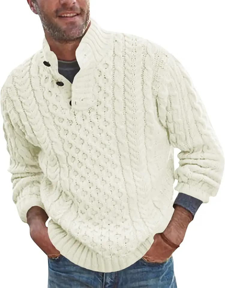 Runcati Herren-Strickpullover, grober Knopfausschnitt, lässiger Strickpullover mit Zopfmuster