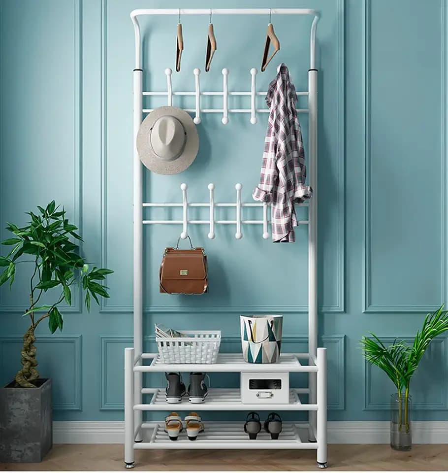 MAGIC SELECT Garderobenständer mit Schuhschrank, Obere Kleiderstange für Kleiderbügel, 18 Haken, 3 Ablage – Metallständer für den Eingangsbereich
