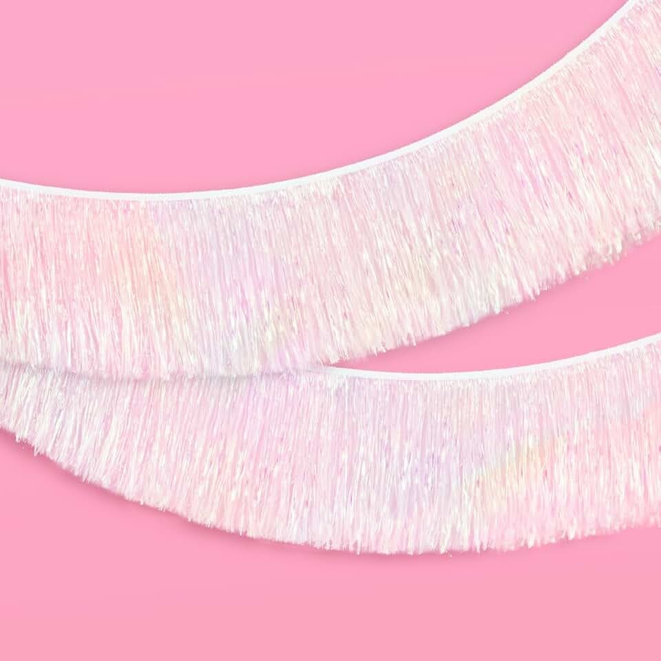 xo, Fetti White Iridescent Fringe Banner - 5 Ft. | Bride Party Bach Decor