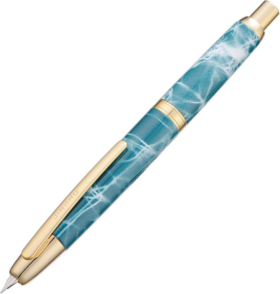 Jinhao 10 Press Fountain Pen with Box, Marble Blue Retractable Fine Nib with Ink Converte Set (Golden Clip)