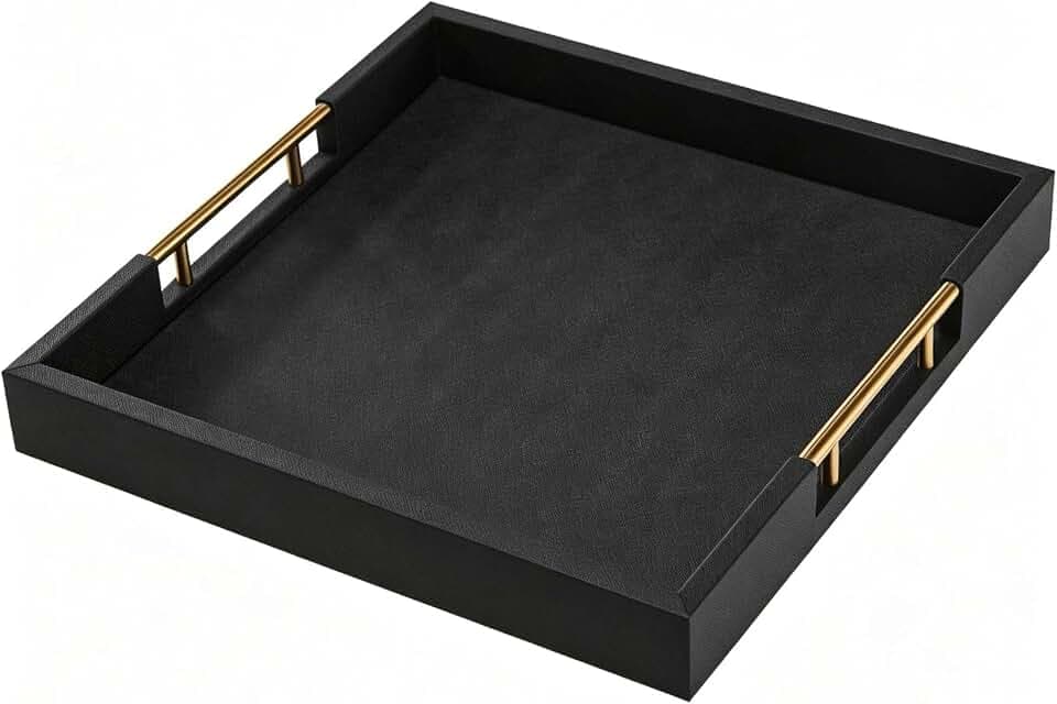 Square 18×18 Inch Black Wood Ottoman Serving Tray with Metal Handles Decorative Wooden Large Faux Leather Coffee Table Organizer Tray for All Occasions Black