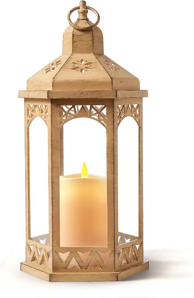Christmas Lanterns Decorative Indoor & Outdoor,15" H Vintage Lantern Outdoor Lighting with Glass,Vintage Hanging Candle Holders for Garden Wedding and Home Decorations.Battery Powered (Beige)