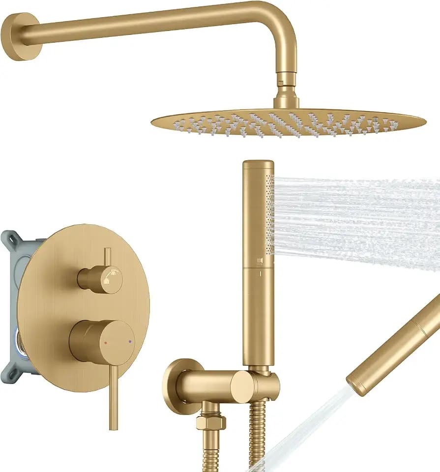 BESy Shower System with 10 Inch Round Rain Shower Head and Handheld Wall Mounted, High Pressure Rainfall Shower Faucet Fixture Combo Set with 2 in 1 Handheld Showerhead for Bathroom, Gold