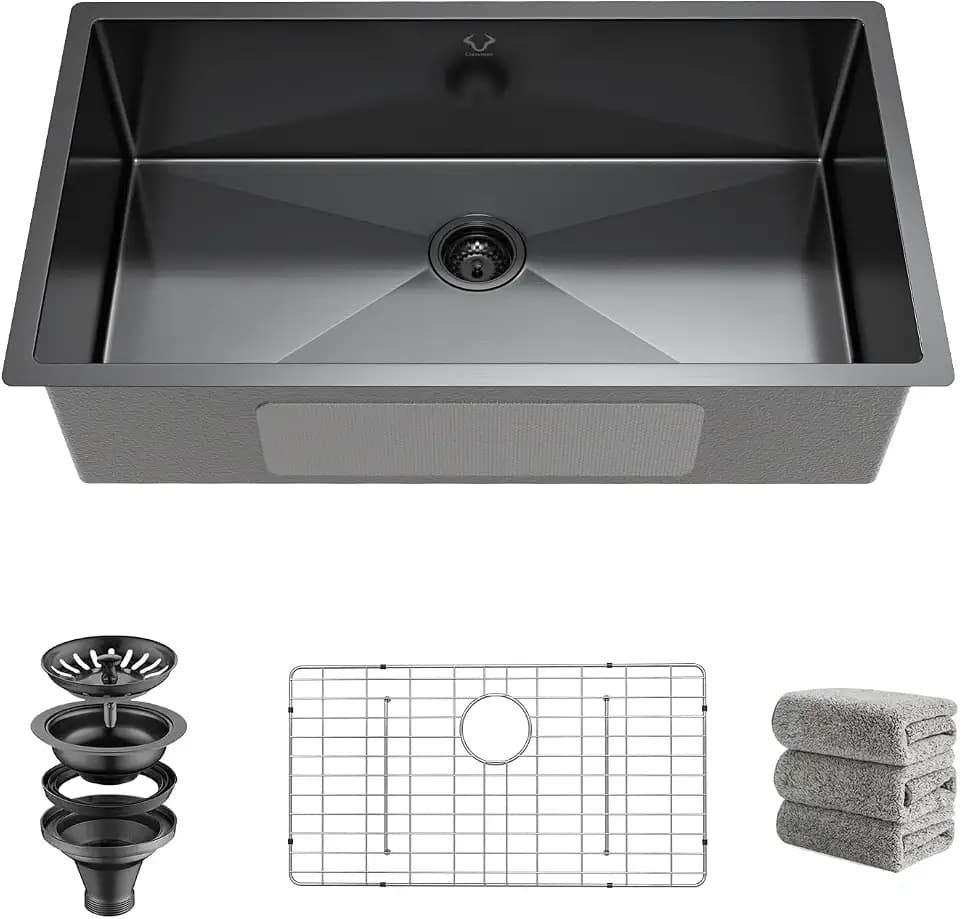 Kitchen Sink 32x18 Inch Undermount Kitchen Sink 16 Gauge Stainless Steel Single Bowl Gun Metal Black Finish with Accessories