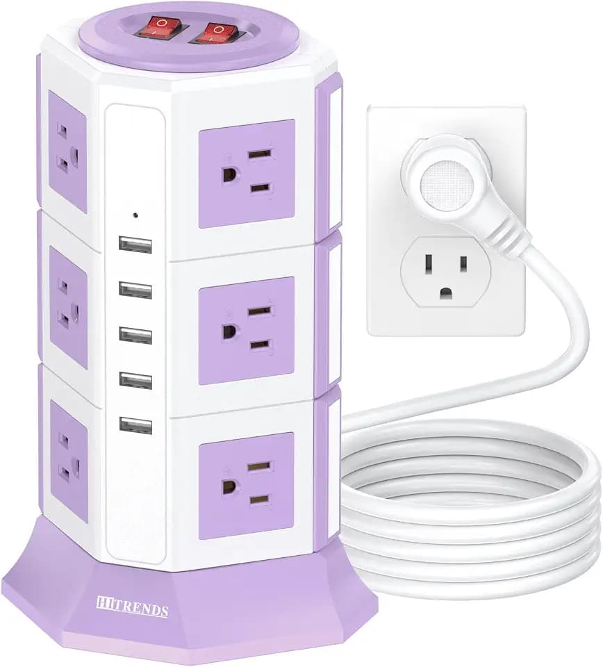 HITRENDS Purple Tower Power Strip with 12 AC Outlets and 5 USB Ports, 1050J Overload Protection, 16AWG 6.5 Ft Flat Plug Extension Cord, Space Saving Vertical Design for Home Office and Dorm Room