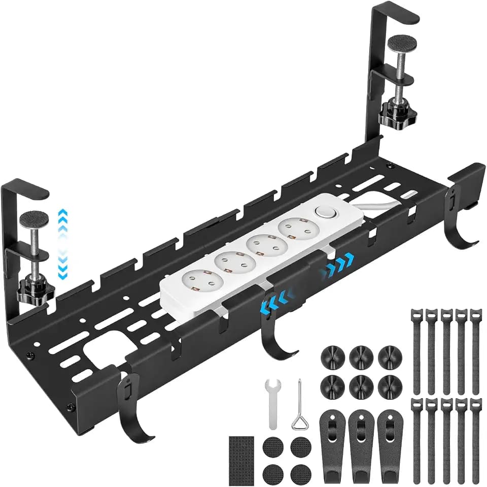 Kabelkanal Schreibtisch Schwarz Ohne Bohren, Einziehbar 28,5-55CM Kabelmanagement Schreibtisch, Verstellbarer Metall Kabelhalter Kabelwanne Kabel Organizer Tisch, Kabelkorb Klemmbar für Büro