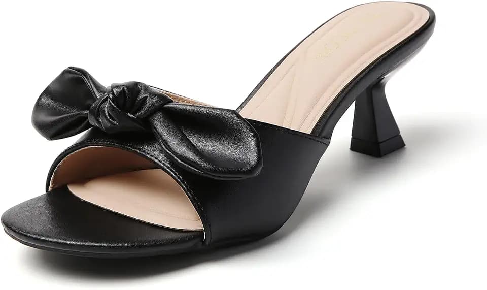 Tilocow Kitten Heels for Women Round Toe Heels Slip On With Bow Backless Mid Heeled Sandals Dress Shoes for Party Wedding