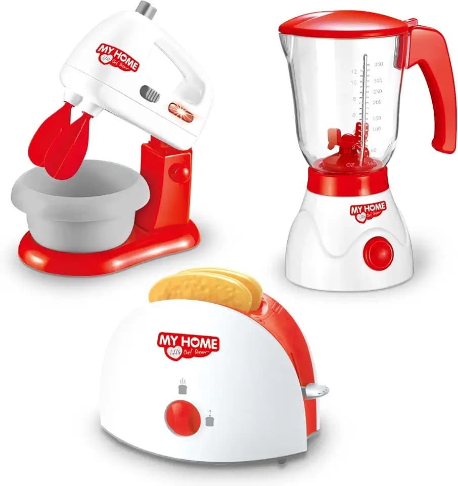 deAO Elektrische Küchen-Set mit Mixer, Standmixer, Toaster & Spielzeugbrot | Spielküche Spielset für Kinder, Kinderküche Zubehör Frühstücksset, Küche Rollenspiel für Jungen und Mädchen (Rot)